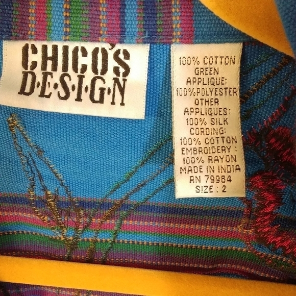 Chico's Blue Cotton Silk Flower Appliques Embroidered Beaded Size 2 Jacket Coat - Picture 3 of 7